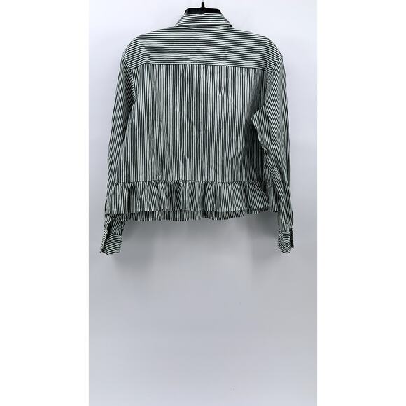 GAP Women's Green-White Striped Ruffle Hem Button-Up Long Sleeve Top SZ S - Picture 2 of 10